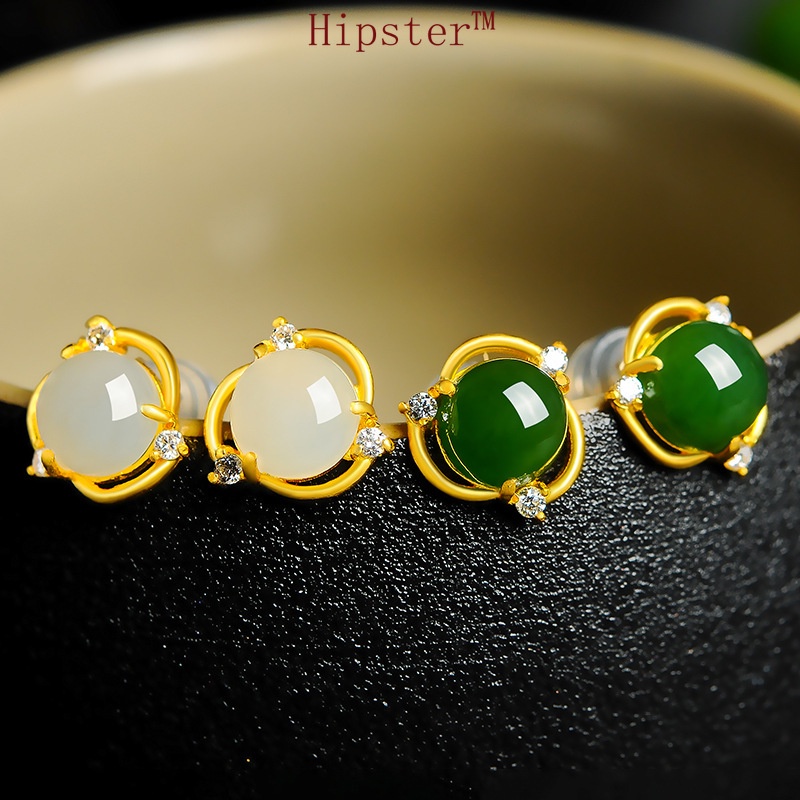 Creative Design Fashion Hollowed-out White Jade Diamond Elegance Retro Stud Earrings