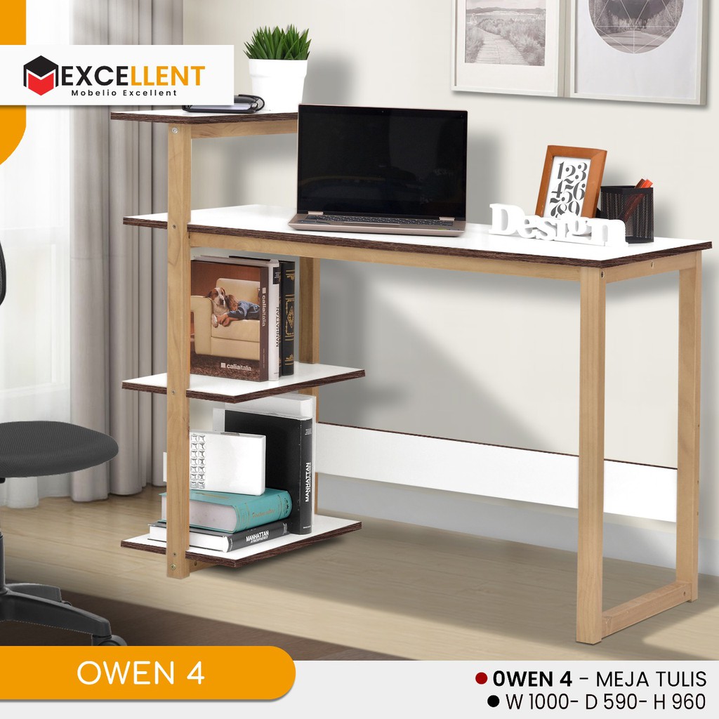 Mobelio Excellent - OWEN 4 Meja Tulis Belajar Minimalis Dengan Rak Buku