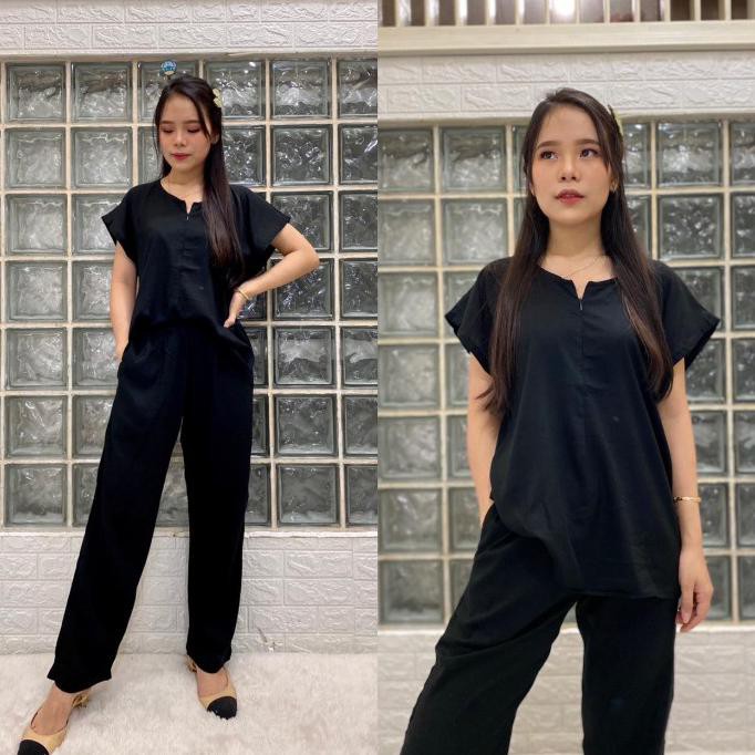 setelan set polos rayon celana panjang piyama rayon premium cp busui - Hitam