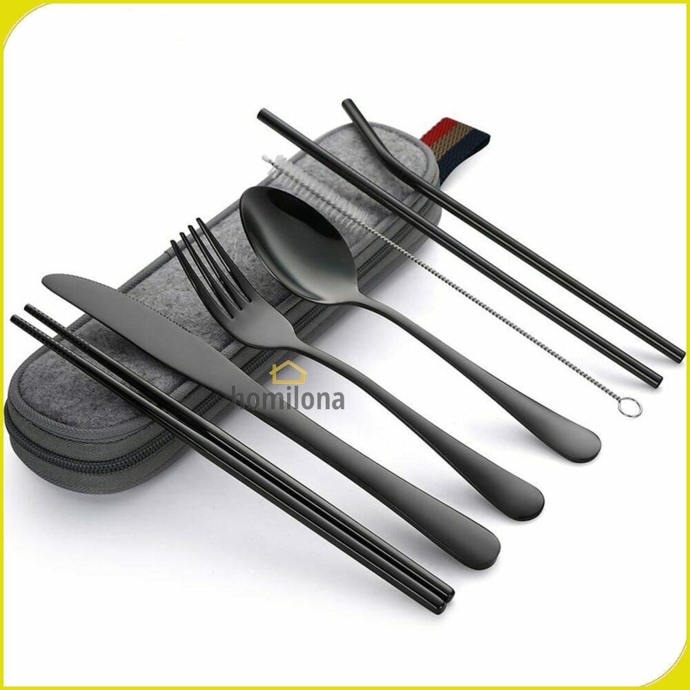 Set Alat Makan Sendok Garpu Pisau Sumpit Sedotan Besi Japanese Style - KNIFEZER EA02300 Black Silver