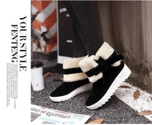 IMPORT Boots Fur Sepatu Boots Suede Bulu Winter Import Musim Lapis Bulu Hangat Lembut Dingin Pita