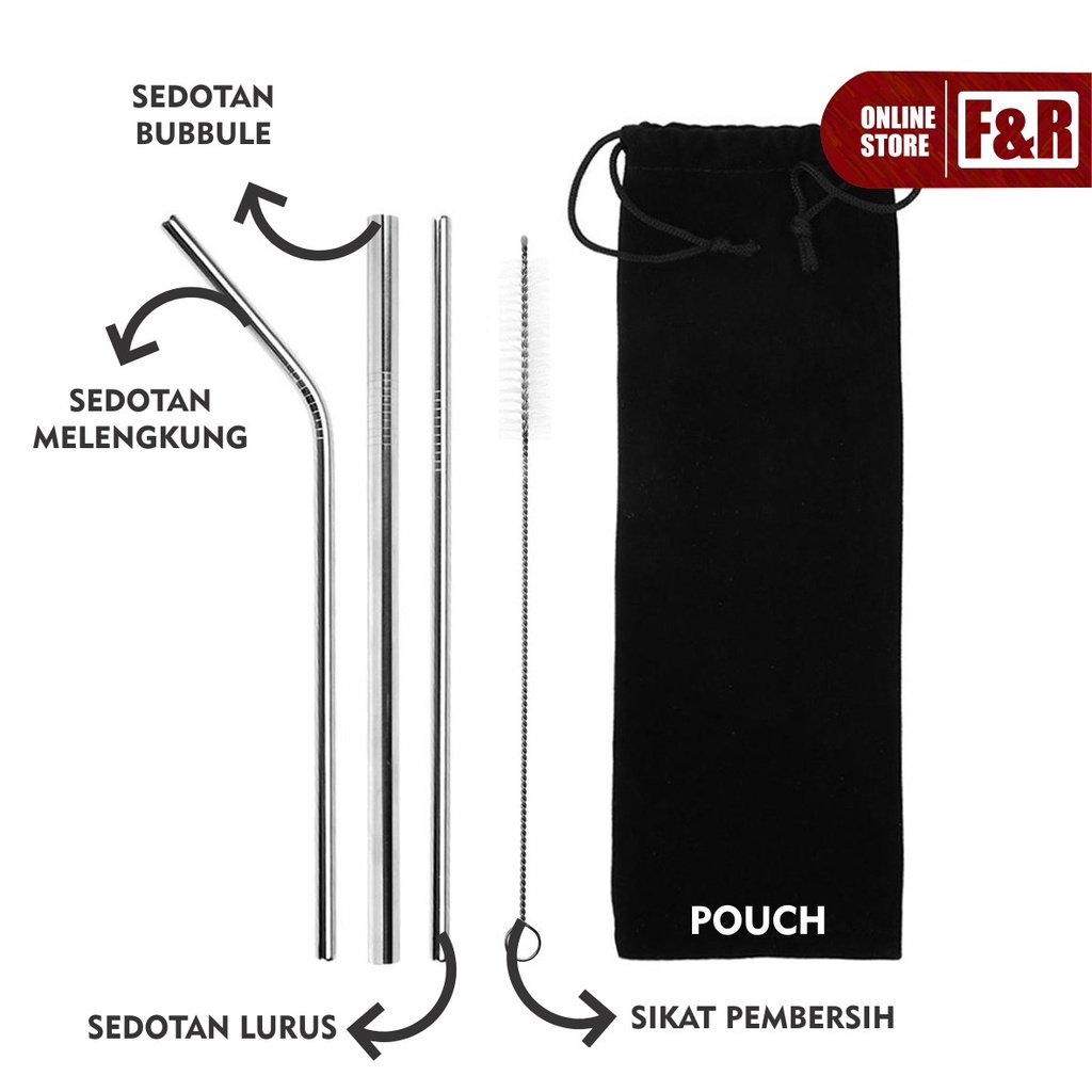 Sedotan Stainless Set 5 in 1 Sedotan Stenlis Steel Food Grade Reusable Straw Set Silver With Pouch