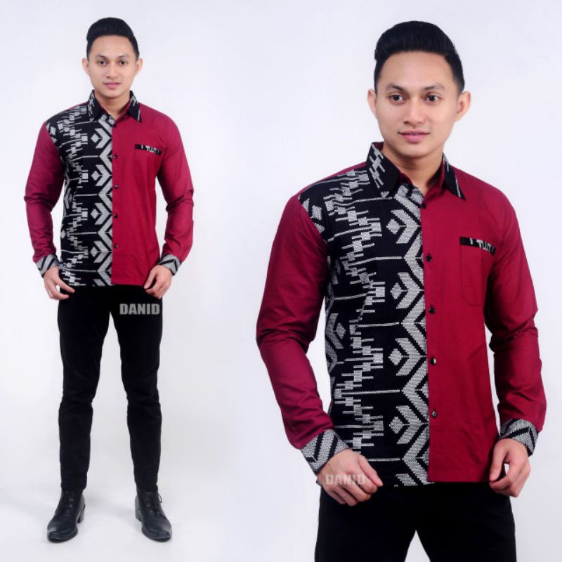 Kemeja Batik Kombinasi Pria Lengan Panjang Size M, L, XL ( ORIGINAL )