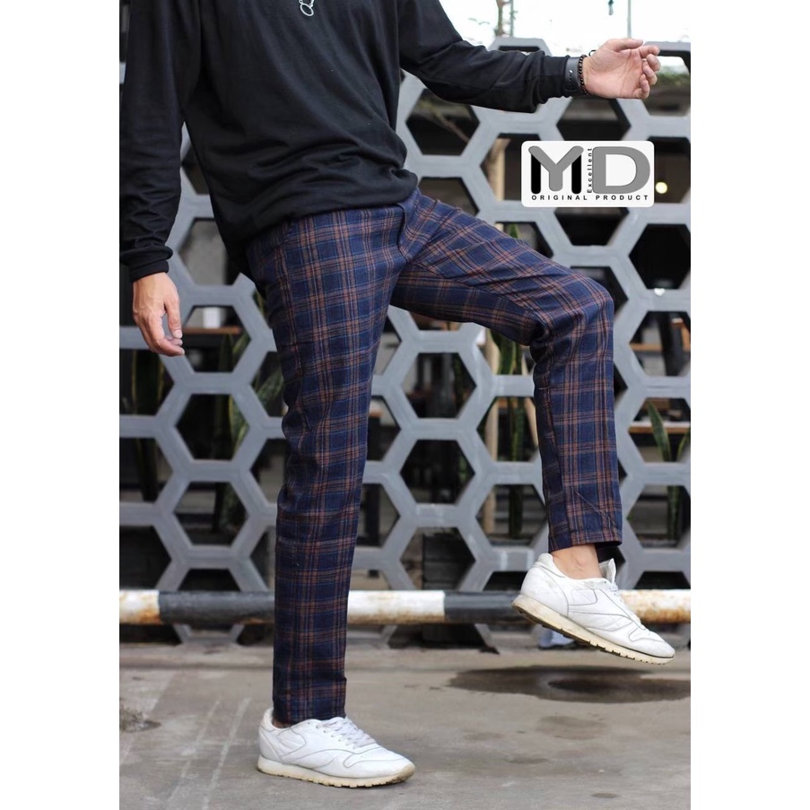 Celana panjang Kotak Tartan berbahan denim original Slimfit