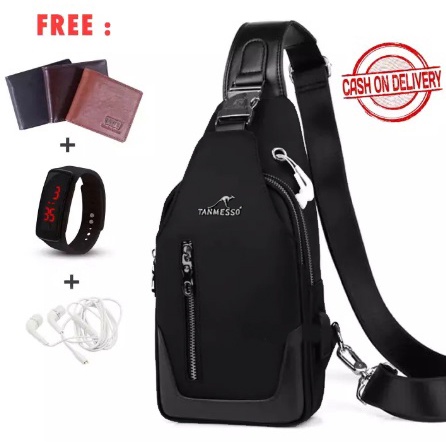 TANMESSO 5in1 BAYAR DITEMPAT- JAM LED -HEADSET- DOMPET -USBPORT -TAS WATERPROOF-BAHAN INTERPILAR SENDIRI LEMBUT DAN TEBAL MENGANDUNG 70%COTTON BUKAN PARASUT ATAU KANVAS SEPERTI YANG BEREDAR DIPASARAN-TAS SELEMPANG PRIA-SLING BAG PRIA