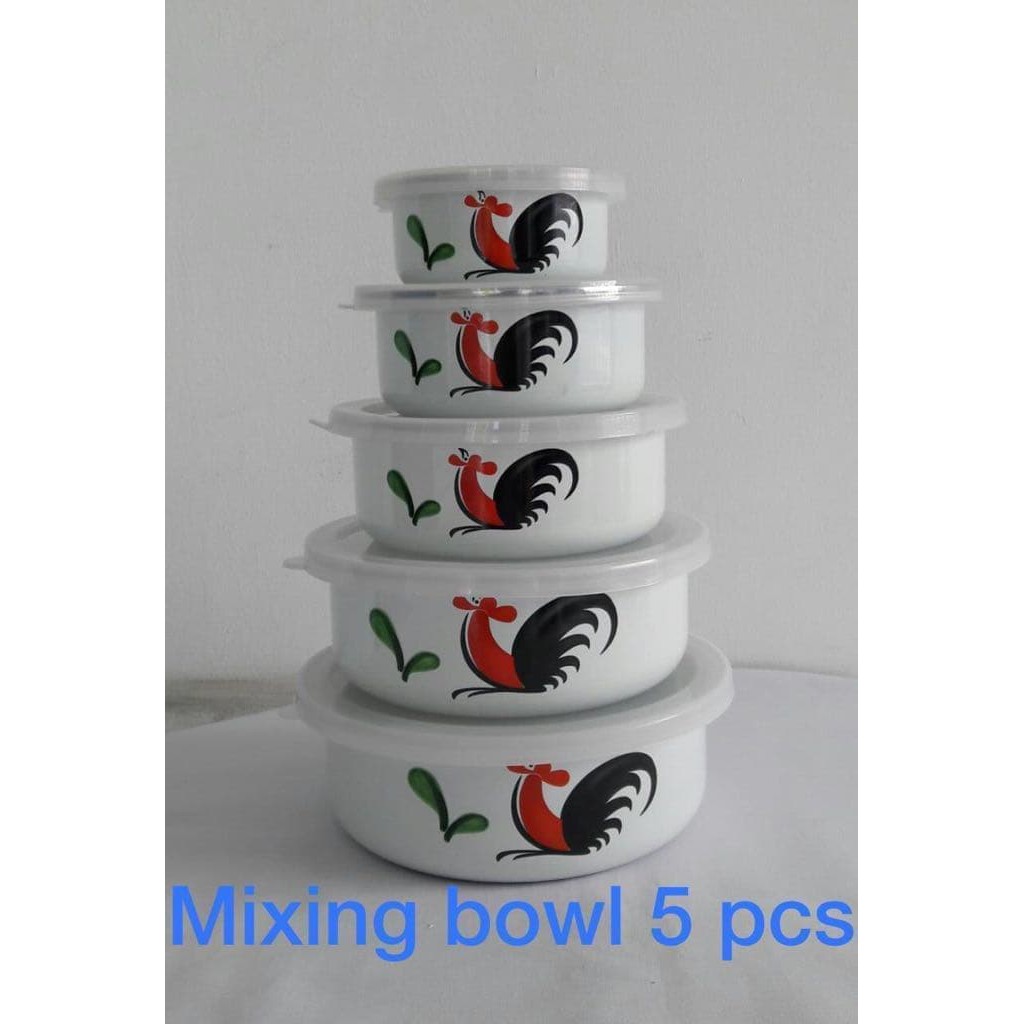 Mixing Bowl Enamel Cap Ayam / Rantang Mangkuk Susun Enamel 5 Pcs