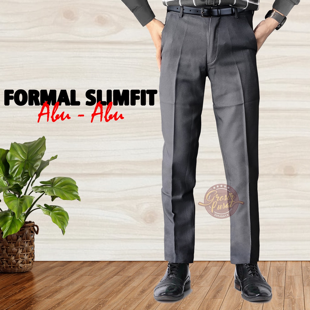 Celana Kerja Panjang Formal Slim Fit Kantor Pria Abu 27 - 38