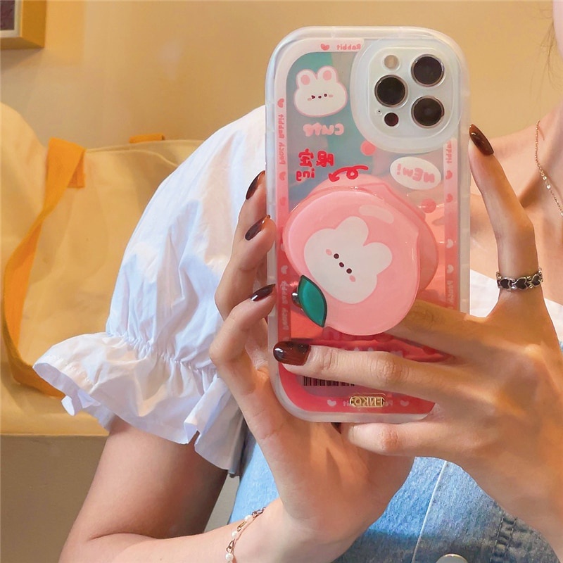 Case Pelindung Bahan Silikon Warna Gradasi Laser Dengan Holder Beruang Peach Untuk iPhone 11 12 Pro Max 7 8 Plus X XR XS Max