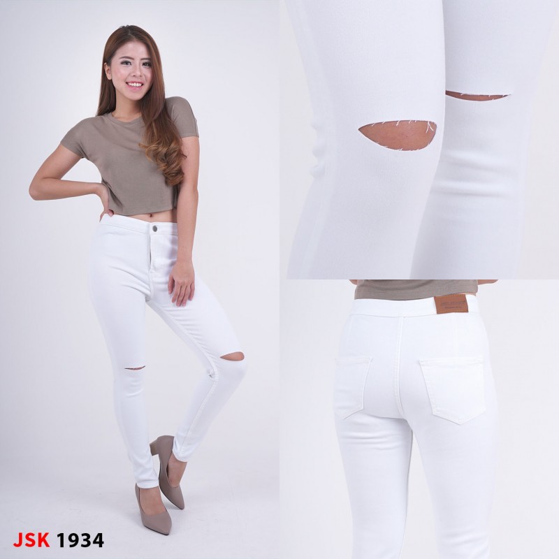 Highwaist Ripped Jeans JSK fashion wanita celana jeans panjang skinny JSK Highwaist 1 kancing