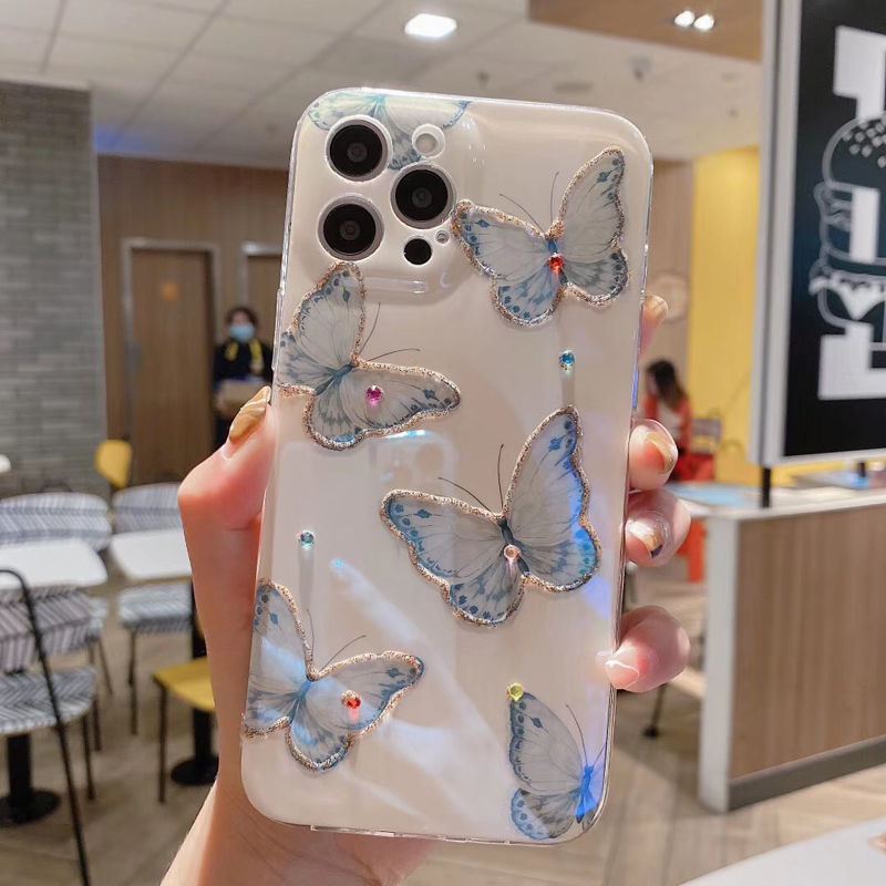 Case Desain Kupu-Kupu Biru 3d Untuk iPhone 12 13 11 Pro Max X Xs Max Xr 4124