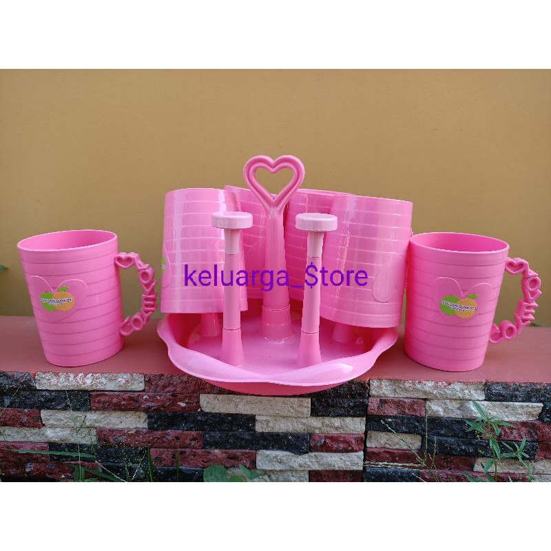 promo new cangkir  love set pink + stand gelas golden lemon