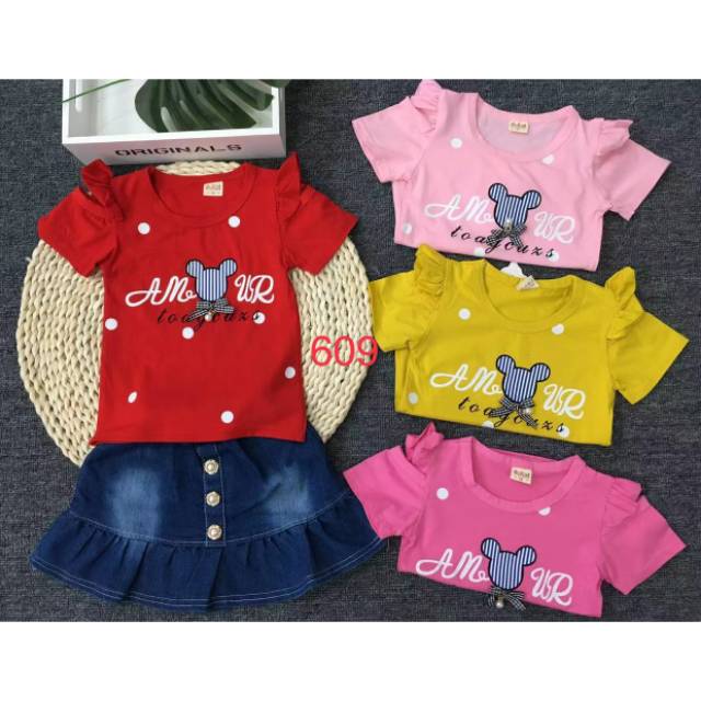 Setelan jeans rok mickey polkadot