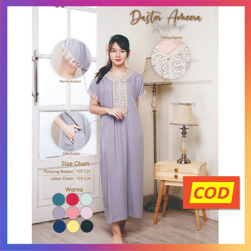 Daster Arab Rayon Ameera Resleting Depan Busui Renda Baju Tidur Adem arabian