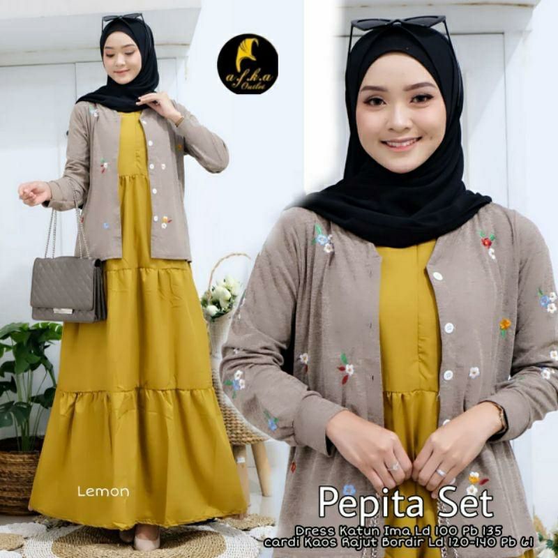 Pepita Set, SETELAN GAMIS &amp; KARDIGAN MUSLIM CANTIK FIT XL TERMURAH TERCANTIK KEKINIAN OOTD MODIS