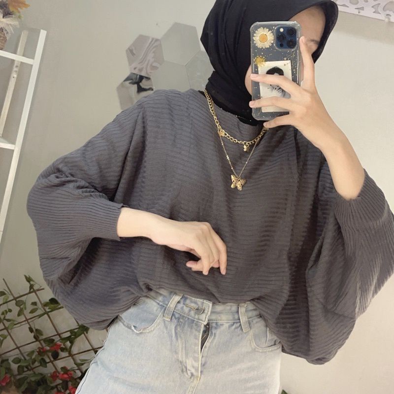 [PREMIUM] Helwa Sweater Batwing Knit // Sweater Batwing Rajut-Dark Grey
