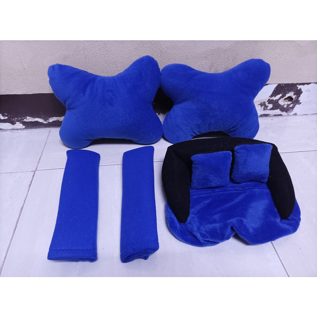 Bantal Mobil 3in1 BIRU POLOS Car Set Headrest Sandaran Leher Kepala Biru Polos