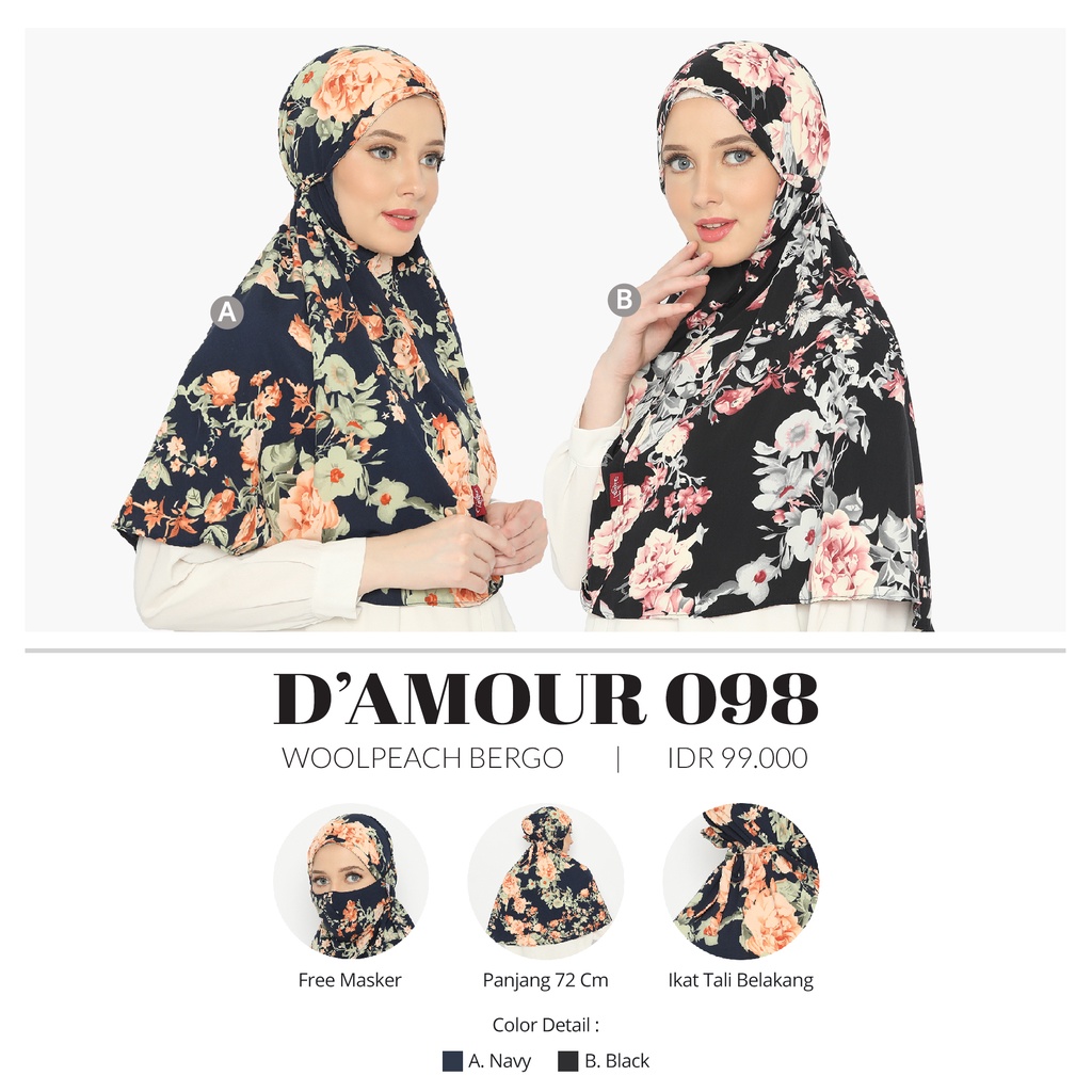 Jilbab Hijab Instan Bergo Tatuis Damour 098 Free Masker Wollpeach Adem Motif Bunga Hitam Black Biru 