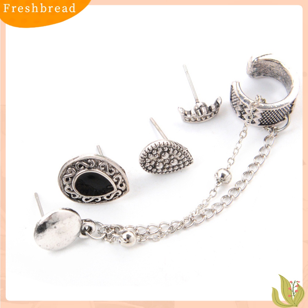 【Fresh】❀4 Pcs Boho Crown Teardrop Charms Ear Studs Earrings Lady Chain Clip Earring Set