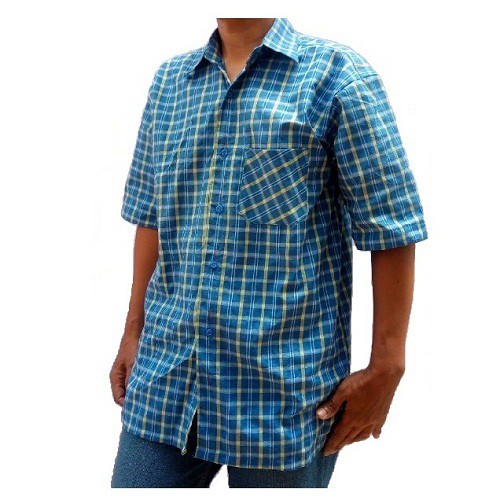 BAJU PRIA BAHAN KAIN KATUN PE KOTAK-KOTAK BIRU