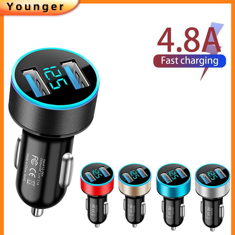 4.8a Charger Mobil 5v 2port Adoptor Pengisian Cepat Untuk i-Phone Tipe c Android Charger Universal Led Display Dual Usb Car-Charger Adapter