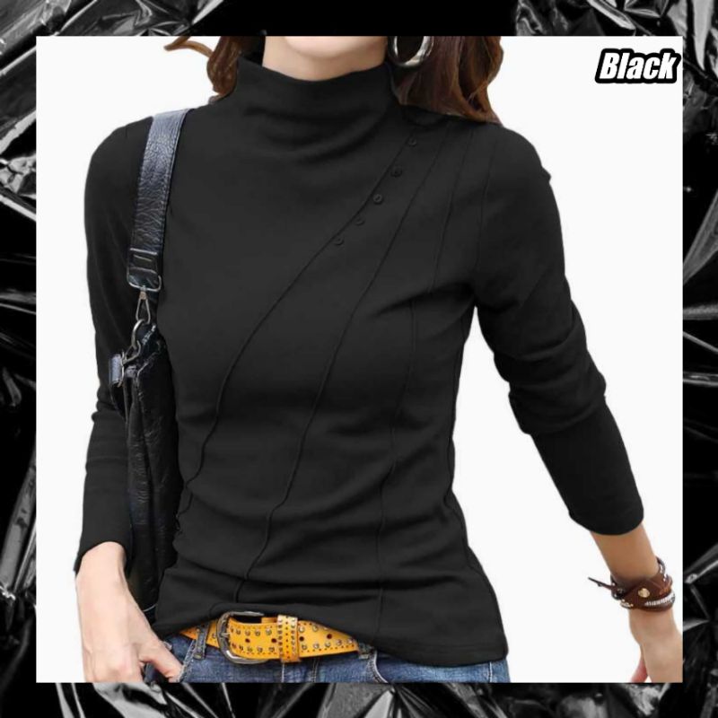 Baju Kaos Leher Tinggi Wanita Kaos Cewek Lengan Panjang ~ Lanita