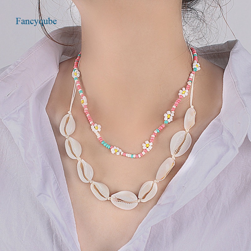 Fancyqube Kalung Rantai Choker Manik-Manik Kerang Abnormity Gaya Etnik Bohemian Multilayer Untuk Wanita