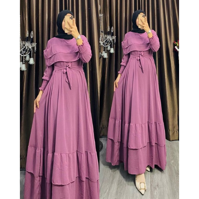 Baju Gamis Premium Ceruty Babydoll Full Furing Rempel Dada Tingkat Model Terbaru Kekinian