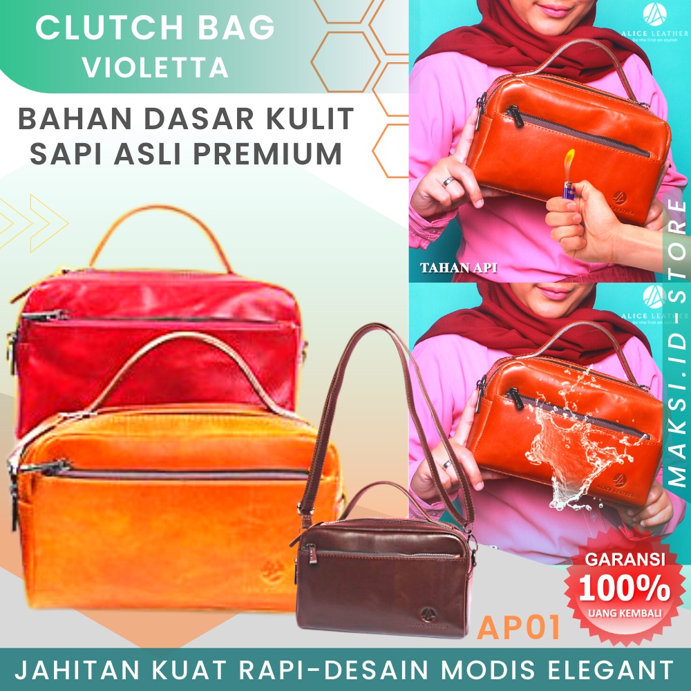 Tas Pouch Kulit Bag Clutch Bag Kulit Sapi Asli Pria Wanita Multifungsi VIOLETTA LEATHER Tas Wanita Shoulder Bag Lokal Bahan Kulit Sapi Asli AP01 GARANSI ORIGINAL