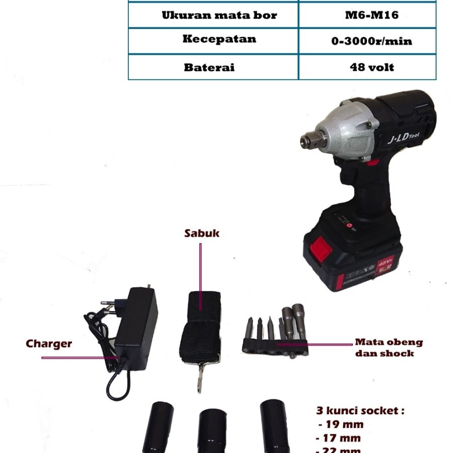 Cordless Impact Wrench 48V Brushless JLD 48S Bor Obeng Kunci 48 Volt