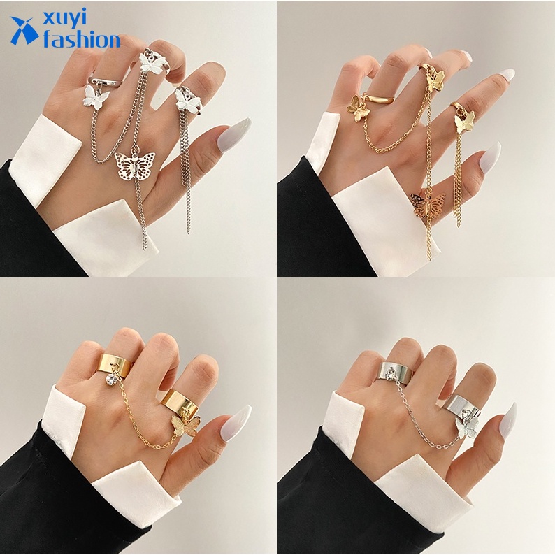 Cincin Model Terbuka Desain Kupu-Kupu + Rantai + Mutiara Gaya Punk / Hip Hop Adjustable Untuk Wanita