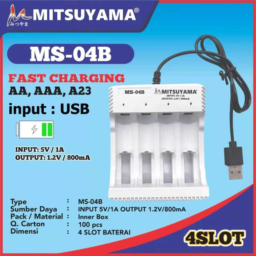 Fast Charger Baterai AA AAA Mitsuyama MS-04B USB Plug 4 Slot Batre Original
