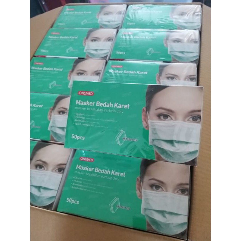 Masker onemed medis 3ply earloop 1 karton hijau isi 20 box