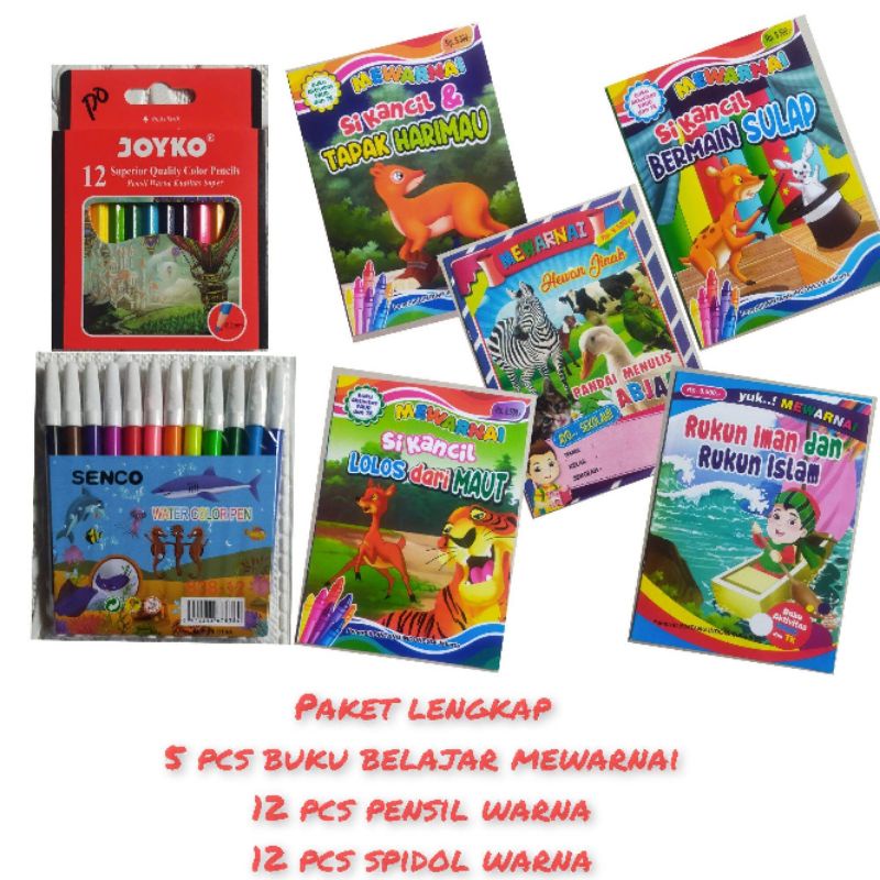 

paket lengkap 12 pcs spidol warna+12 pcs pensil warna+5 pcs buku mewarnai