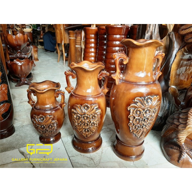Vas Bunga Guci Kupingan Kayu Jati Set Isi 3