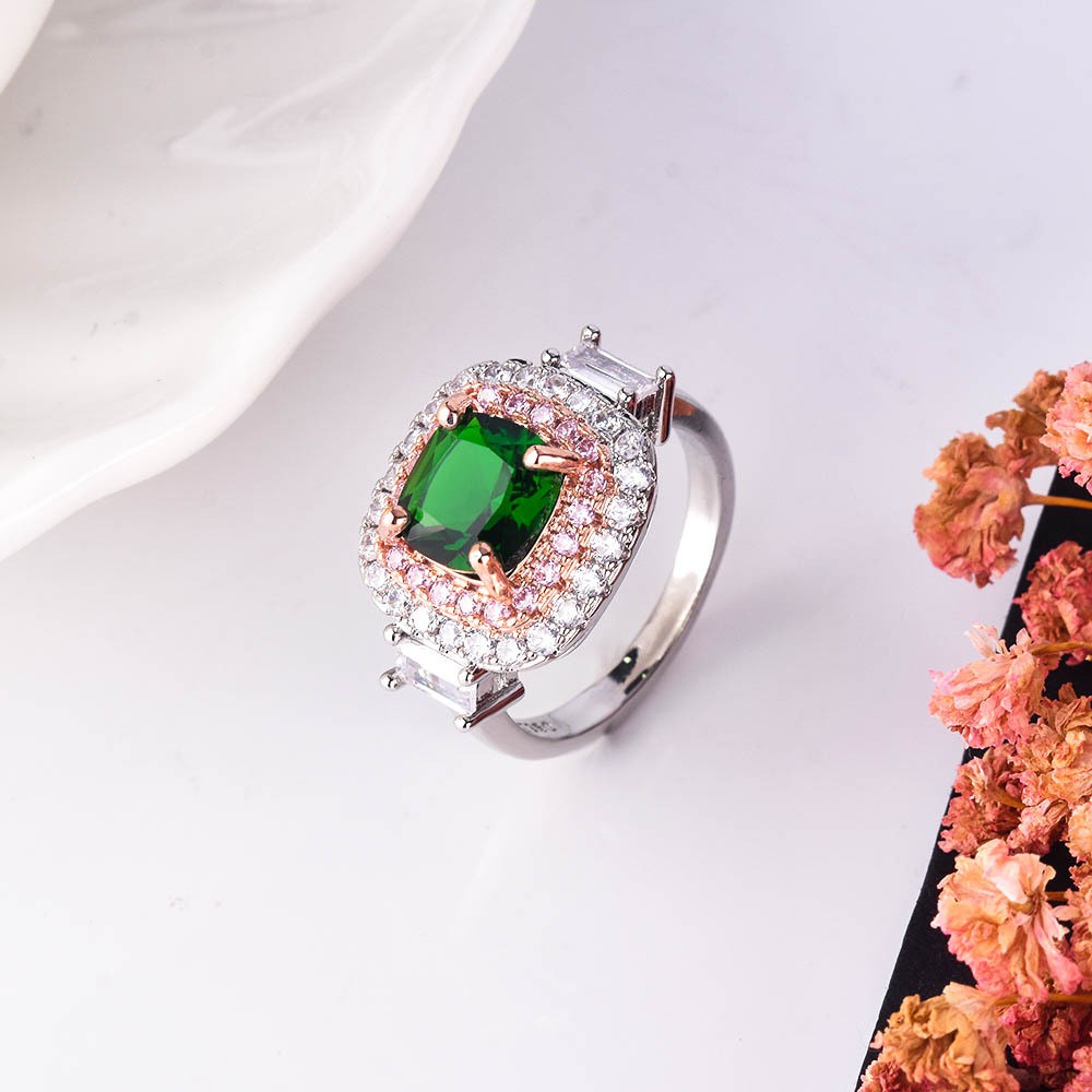 925 Perak Bertatahkan Emerald Wanita Pertunangan Disesuaikan Cincin Perhiasan