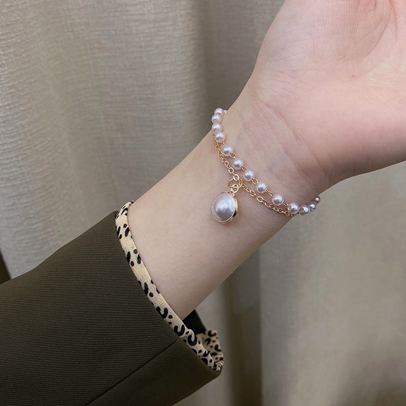 Gelang Mutiara Double Layer Warna Emas Silver Gaya Korea Untuk Wanita