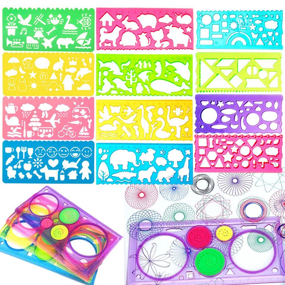 13pcs / Set Mainan Penggaris Spirograph Gambar Hewan Geometri Untuk Alat Tulis