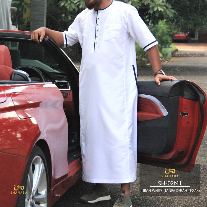 Jubah gamis pria lengan pendek putih tanpa kerah shahaba