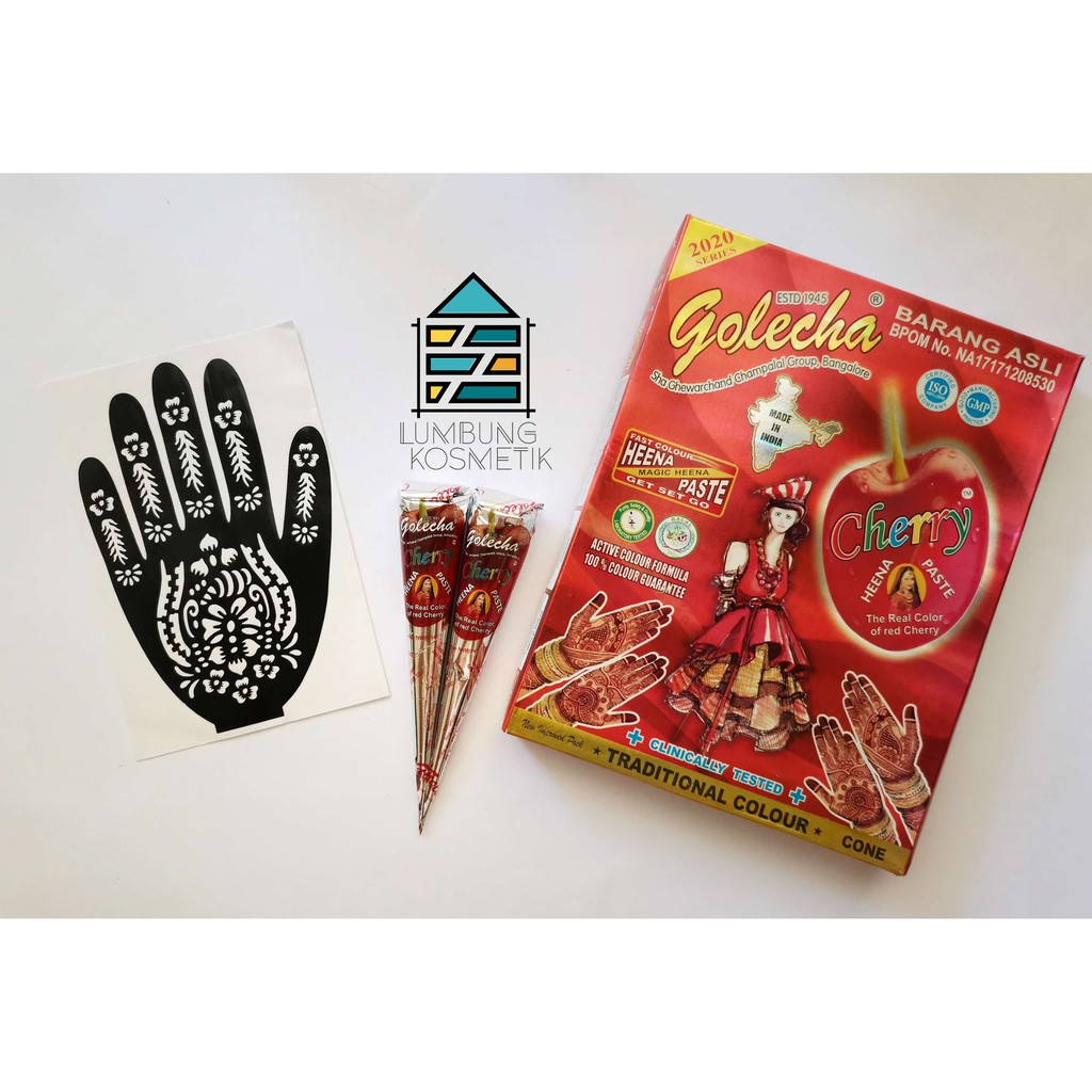 Paket Henna + Cetakan Tangan Henna Golecha Merah Cherry Original Ecer