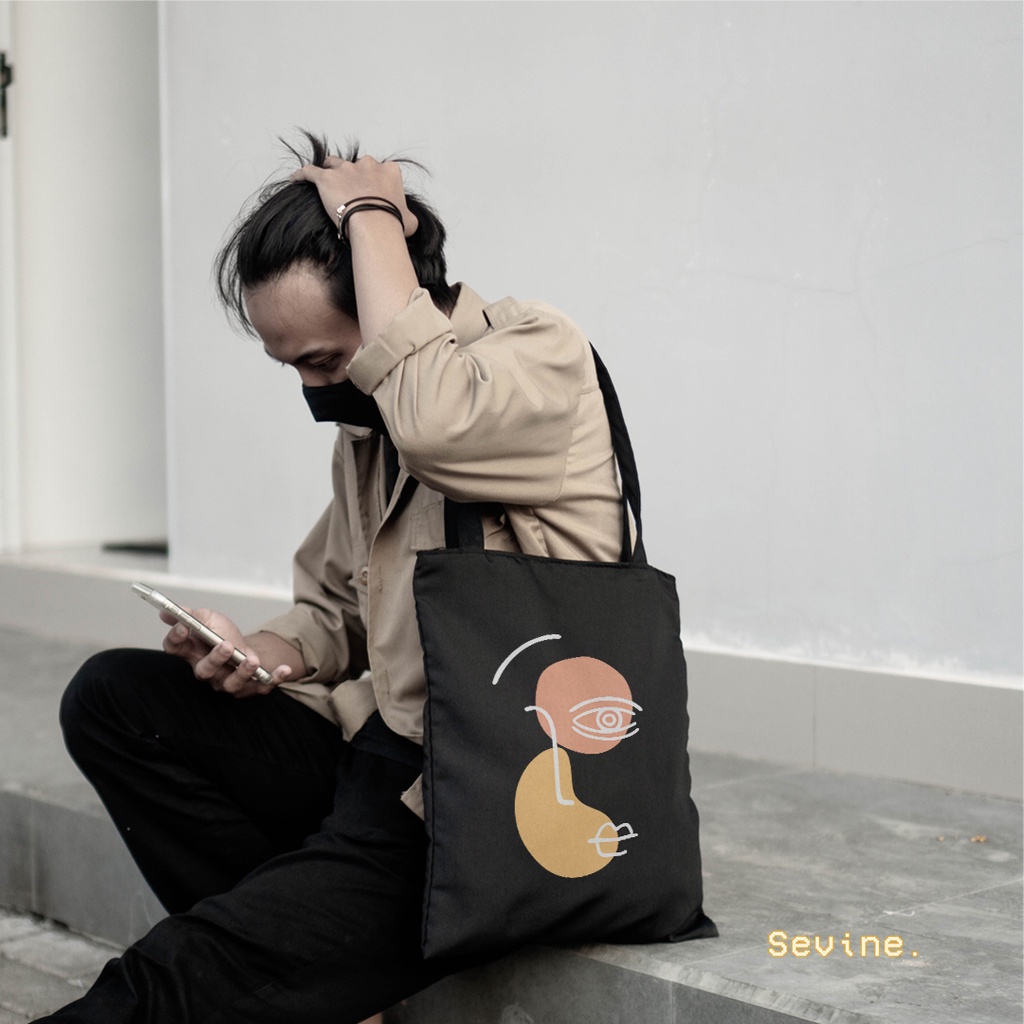 Sevine Totebag Wanita Fashion Tas Tote Bag Resleting Laptop Motif Line art Hijab Black Series - WHF1