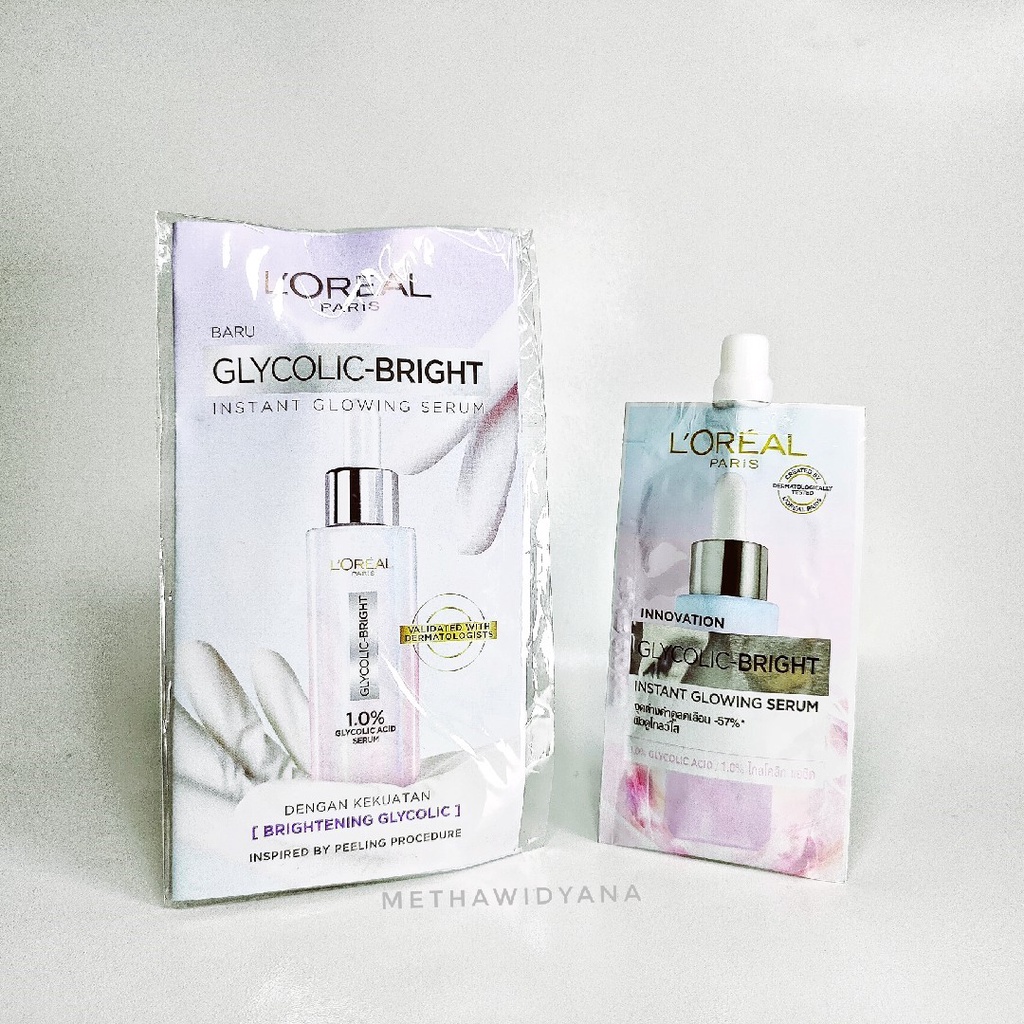 L'Oreal Paris Glycolic Bright Glowing Kemasan Sampel / Sachet Kecil - Day, Night Cream 7,5ml &amp; Serum 6ml - Skincare Krim Siang Malam Glyco Loreal - Glicolic Acid AHA Skin Care Wajah Pink