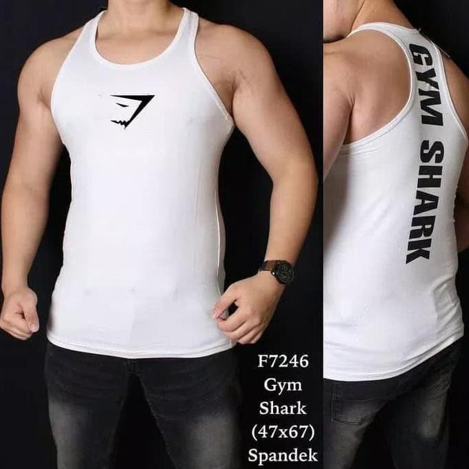 (PROMO) Singlet GYM SHARK / Kaos gym fitness training WHT