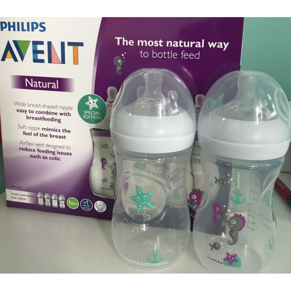 Botol Susu Philips Avent Natural Deco 260ml Pink Blue Philips Avent Wide neck 260ml motif / Botol Avent Natural 260ml