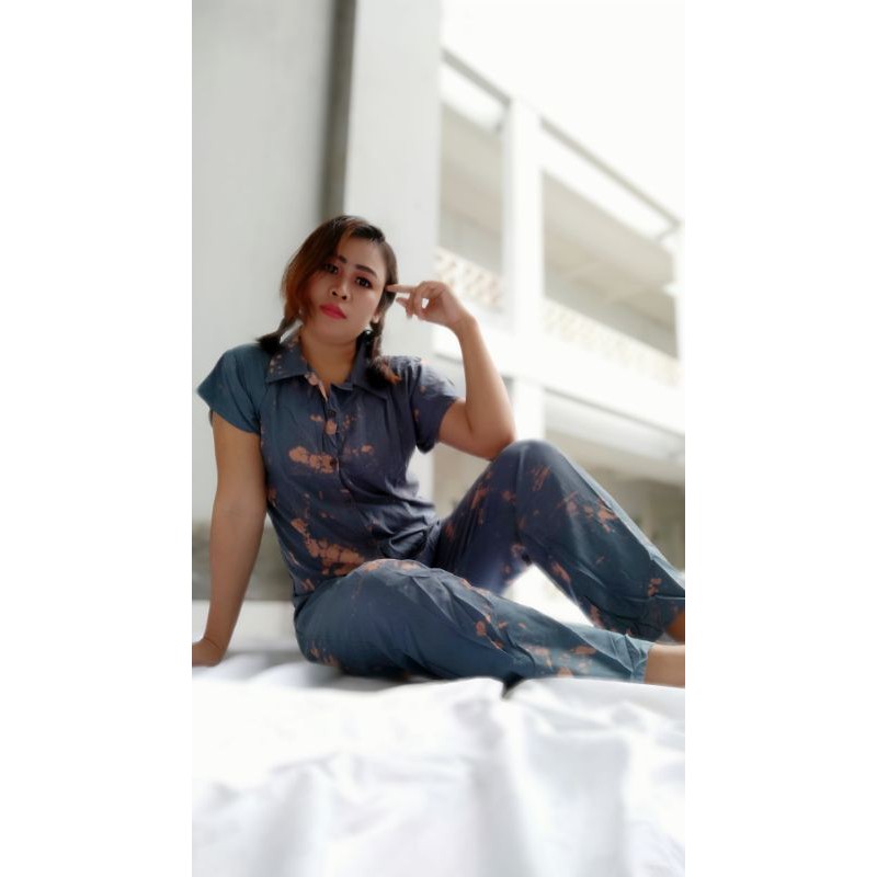 One Set kemeja tiedye lengan panjang