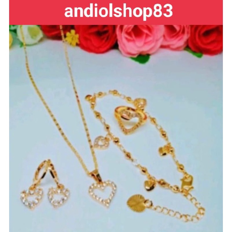 Perhiasan wanita dewasa dan remaja set lengkap titanium motif love full permata Cristal