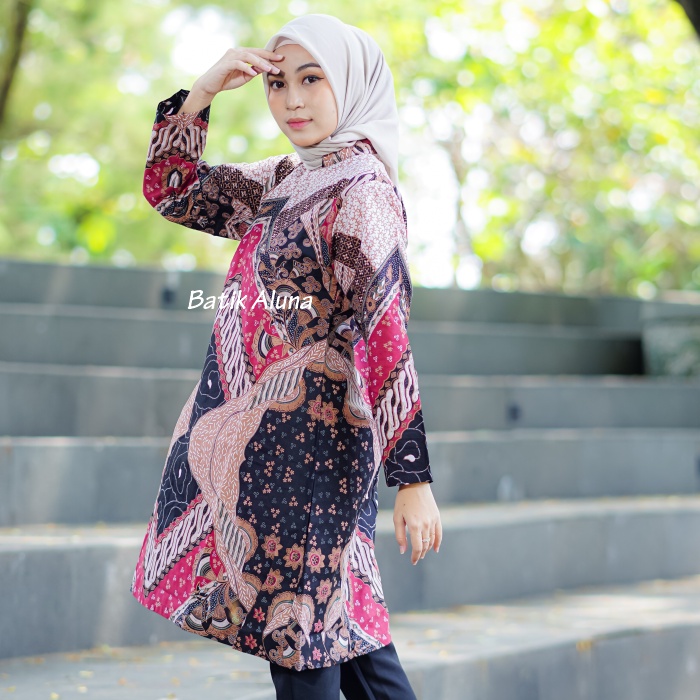 Baju Batik Wanita Lengan Panjang Modern Tunik Premium Bahan Katun Terbaru Kekinian Blouse Batik Modern Wanita Jumbo Atasan Batik Wanita Kantor Batik Cewek Modern Couple FASHION BATIK ALUNA