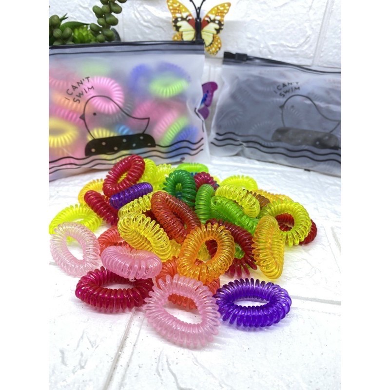 IKAT RAMBUT SPIRAL  (isi30pcs) KUNCIR KABEL TELEPON 4CM BERMOTIF KEMASAN ZIPPER GROSIR-Bening