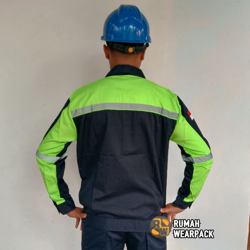 Baju Kerja/ Wearpack Proyek/ Seragam Kerja Atasan Warna Navy Kombinasi Hijau Pupus