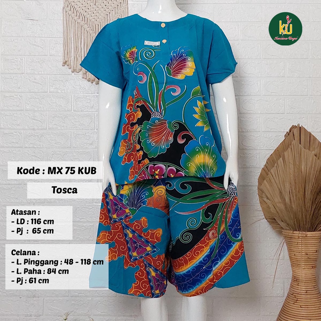 Bisa COD MX75 KUB | Setelan Kulot Celana Pendek Batik Kencana Ungu Asli Label Biru | Baju Santai Piyama Tidur Wanita Kancing Depan Busui Friendly Motif Terbaru-Tosca F