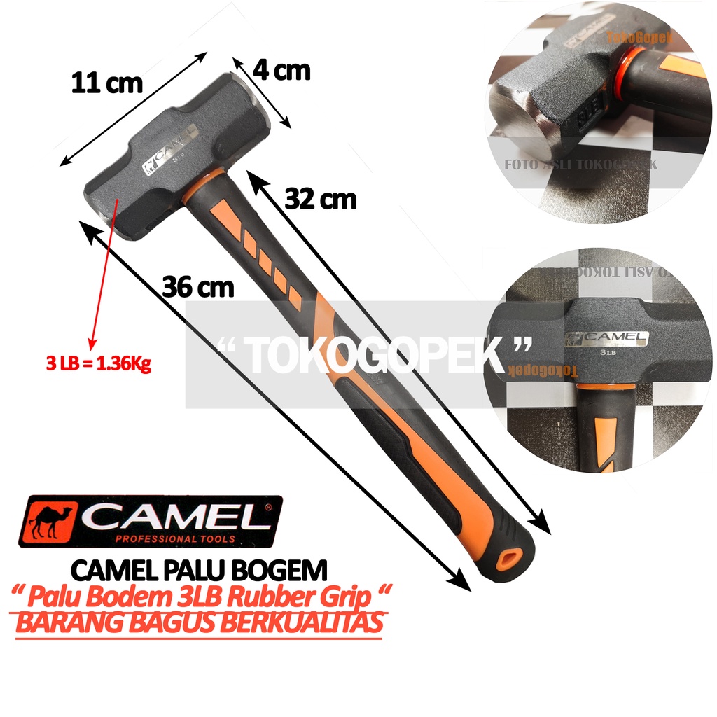 CAMEL PAKET PALU BODEM BOGEM 3LB RUBBER GRIP + PAHAT BETON 8&quot; INCH